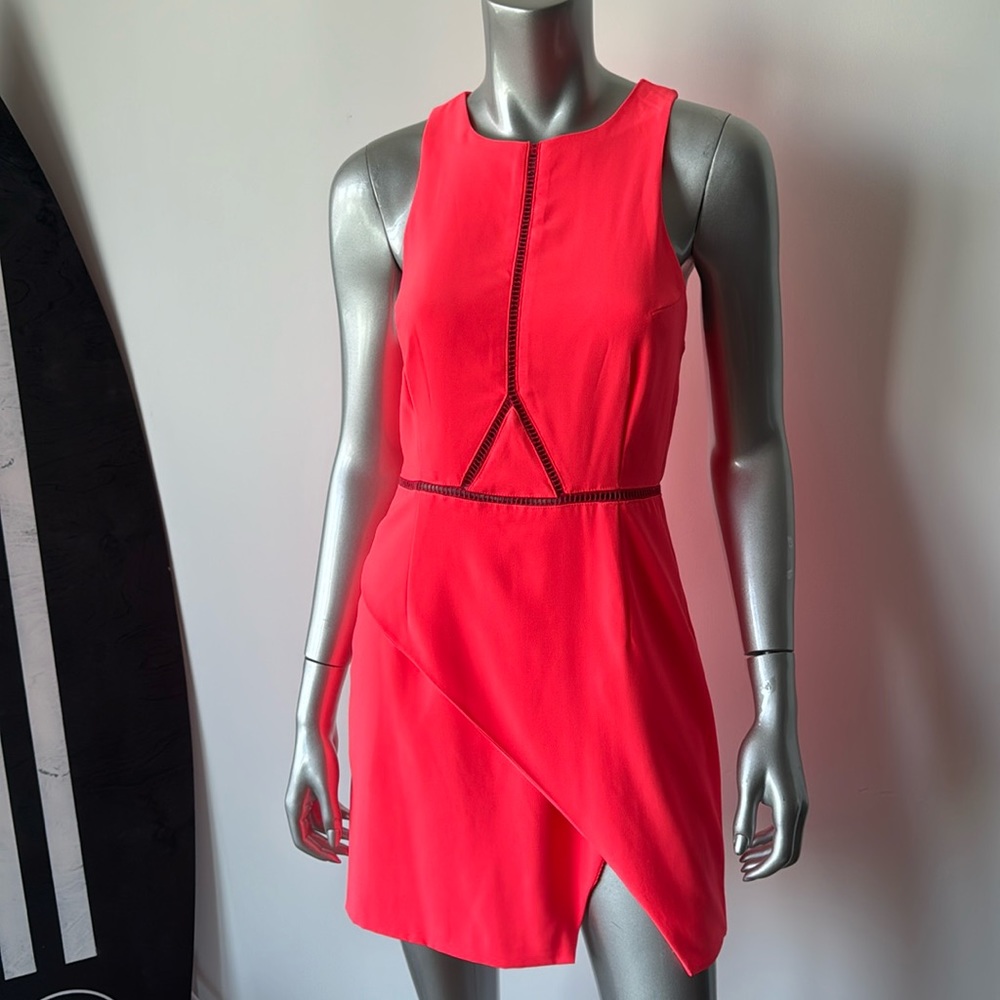 Neon, pink, orange racer back asymmetrical dress
